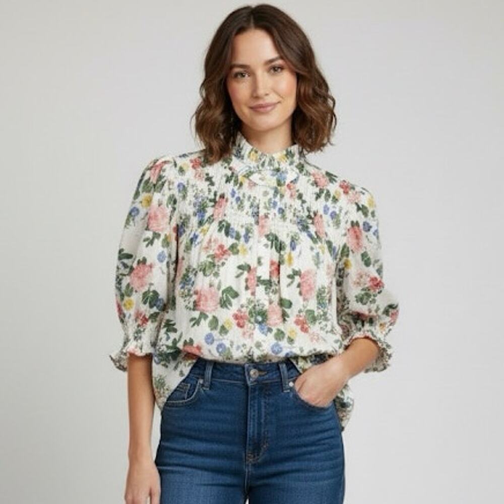 Saule Parc Blouse Women's Medium White Multi Cotton Floral Puff Sleeve Boho Top